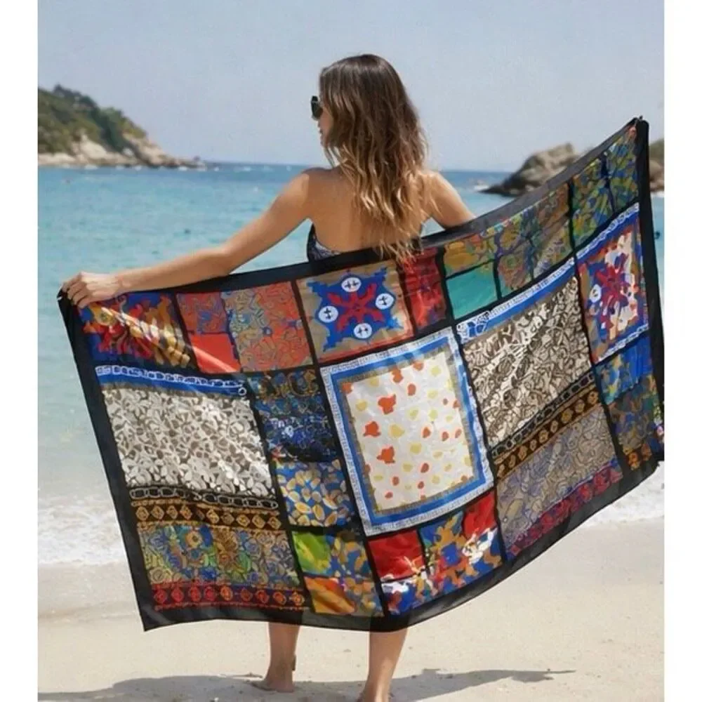 Large Multicolor Bohemian Silk Feel Scarf Patchwork Print Oversized Shawl Wrap